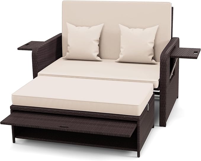 Nightcore Wicker Patio Outdoor Daybed, Outdoor Chaise Lounger w/ 4-Level Adjustable Backrest, Retractable Side Trays - Photo 9