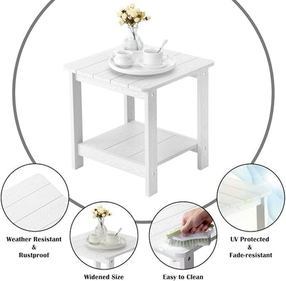 hOmeHua Weather Resistant Side Table, 17 inch Square 2-Layer Structure Wide Desktop, Imitation Wood Stripes, Easy to Assemble & Maintain, Suitable for All Indoor & Outdoor Places - White