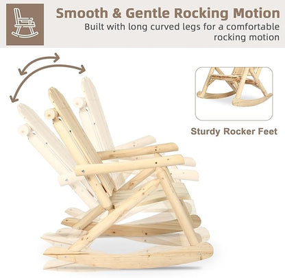 Outdoor Wooden Rocking Chair, Patio Rustic Adirondack Porch Rocker, All Weather Solid Wood Log Rocker Chair with High Back & Slatted Seat for Indoor, Deck, Backyard, Garden, Natural