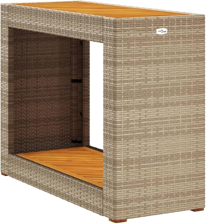 vidaXL Patio Side Table - Wooden Top, Poly Rattan, Beige/Brown, 39.4"x15.7"x29.5" for Garden, Backyard, Patio