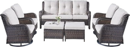 Rilyson Wicker Patio Furniture Set - 7 PC Rattan Outdoor Sectional Conversation Sets with 4 Swivel Rocking Chairs,2 Ottomans and 1 Sofa for Porch Deck Garden(Brown/Beige)