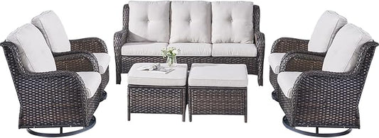 Rilyson Wicker Patio Furniture Set - 7 PC Rattan Outdoor Sectional Conversation Sets with 4 Swivel Rocking Chairs,2 Ottomans and 1 Sofa for Porch Deck Garden(Brown/Beige)