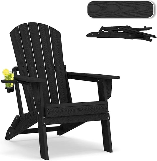 Folding Adirondack Chair，Wooden Textured Fire Pit Chair with Cup Holder, Heavy All-Weather HDPE Plastic Outdoor Patio Chairs for Poolside Backyard Patio Outdoor Garden