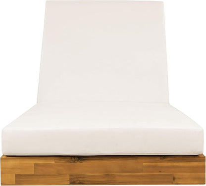 Acacia Wood Chaise Lounge with Cushion - Teak Finish Outdoor Recliner with Cream Water-Repellent Cushion, 79.6" L x 29" W, 300 lbs