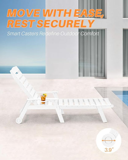 HDPE Patio Chaise Lounge Chair, 78.4'' Adjustable Outdoor Lounger, 5 Positions Poly Lounge Chair with Wheels & Cup Holder, HDPE Outdoor Patio Lounge Chairs for Backyard, Deck, Beach, Pearl
