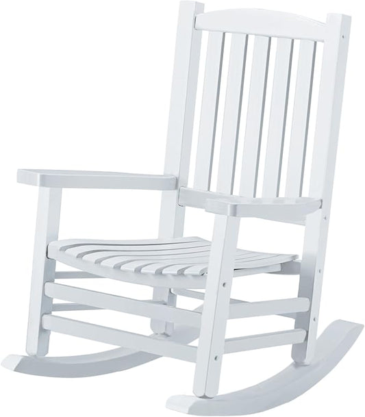 Wooden Rocking Chair Outdoor Oversized Porch Rocker Chair,Patio Wooden Rocker with High Back and Armrest,All Weather Rocker Slatted for Backyard,Garden,400 lbs Support,White