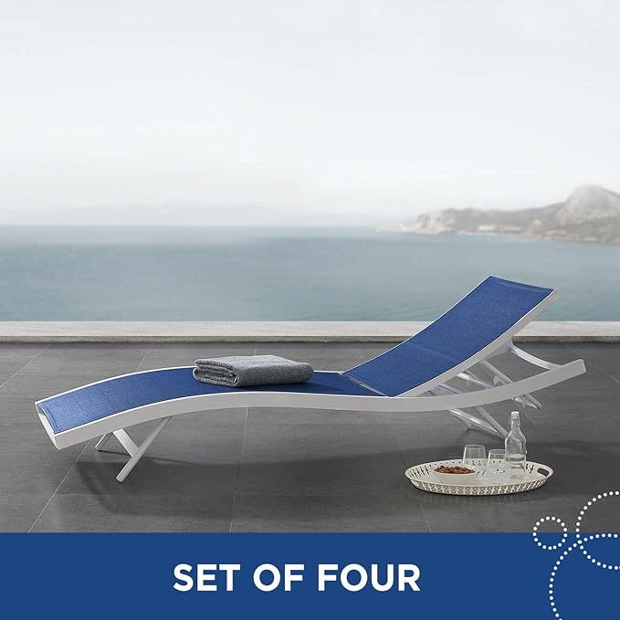 Modway Glimpse Outdoor Patio Mesh Chaise Lounge Set of 4 in White Navy