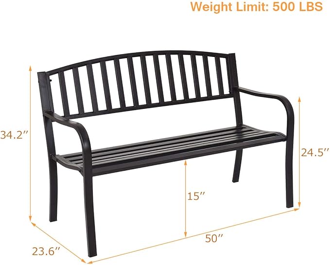 Giantex Outdoor Bench, 50” Patio Garden Bench with Steel Frame, Slat Design, 500 Lbs Weight Capacity, Patio Seating Bench for Porch, Backyard, Poolside, Outside Decor Furniture, Park Loveseat, Black