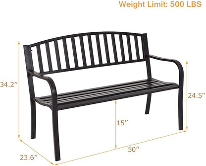 Giantex Outdoor Bench, 50” Patio Garden Bench with Steel Frame, Slat Design, 500 Lbs Weight Capacity, Patio Seating Bench for Porch, Backyard, Poolside, Outside Decor Furniture, Park Loveseat, Black
