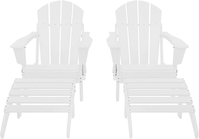 WestinTrends Malibu Outdoor Lounge Chair Set, 4-Pieces Adirondack Chair Set of 2 with Ottoman, All Weather Poly Lumber Patio Lawn Folding Chair for Outside Pool Beach, White
