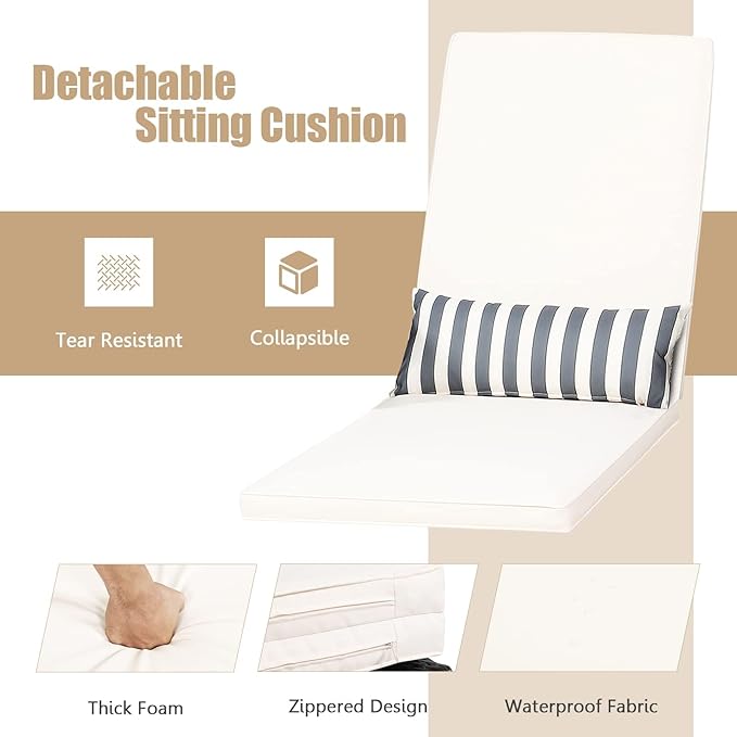 HAPPYGRILL Patio Chaise Lounge Chair Set of 2, Outdoor Rattan Wicker Recliner with Thick Cushion, Lumbar Pillow, Adjustable Backrest for Garden Porch Lawn Poolside