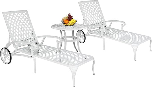 Outvita Outdoor Chaise Lounge Chairs Set of 2, Pool Cast Aluminum Recliner Table Set with 3-Position Adjustable Back, Armrest and Wheels for Backyard Porch Patio Balcony Deck
