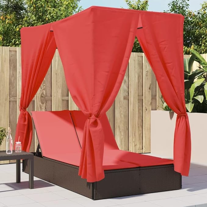 Brown PE Rattan Double Patio Sun Lounger 78.7"x44.9"x77.2" with Adjustable Backrest, Curtains & Roof, All-Weather Outdoor Chaise for Poolside Garden Deck