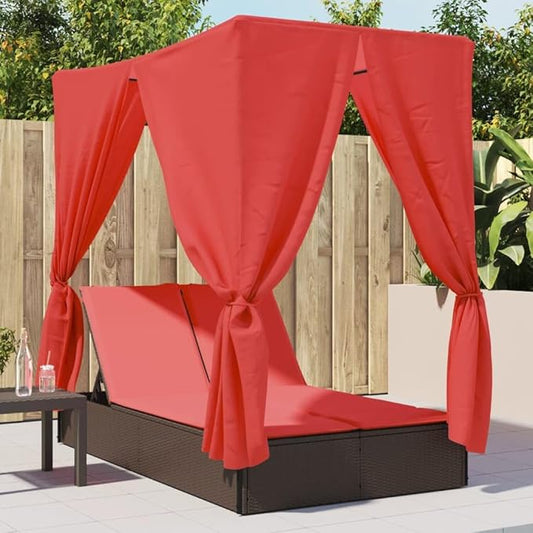 Brown PE Rattan Double Patio Sun Lounger 78.7"x44.9"x77.2" with Adjustable Backrest, Curtains & Roof, All-Weather Outdoor Chaise for Poolside Garden Deck