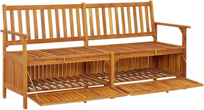 Natural Brown Solid Acacia Wood Storage Bench with 100% Polyester Large Cushion, 67-Inch Length, Spacious Seating for Three, Rustic Outdoor Indoor Furniture, Durable