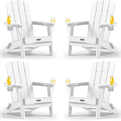 Folding Adirondack Chair 4 Pack, HDPE All-Weather Fire Pit Chairs, Plastic Adirondack Chairs with 2 Cup Holder, Outdoor Lawn Chair for Patio Garden (White)