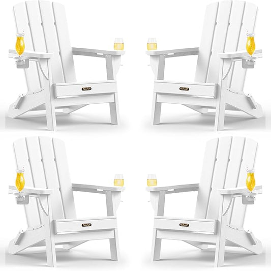 Folding Adirondack Chair 4 Pack, HDPE All-Weather Fire Pit Chairs, Plastic Adirondack Chairs with 2 Cup Holder, Outdoor Lawn Chair for Patio Garden (White)