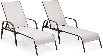 COSTWAY 2PCS Outdoor Patio Lounge Chair Chaise Fabric Adjustable Reclining Armrest Pool (Grey)