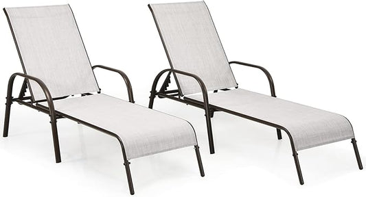 COSTWAY 2PCS Outdoor Patio Lounge Chair Chaise Fabric Adjustable Reclining Armrest Pool (Grey)