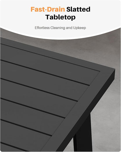 Patio Coffee Table, Never-Rust Aluminum Outdoor Coffee Table with Wood Grain Texture, Modern Rectangle Garden Coffee Table with Slatted Tabletop for Poolside, Decks, Indoor, Backyard, Black | Never-Rust, Slatted Tabletop