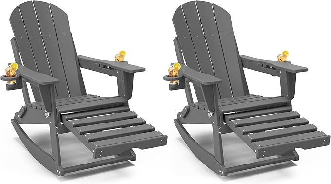 Adirondack Rocking Chairs Set of 2 with Retractable Ottoman, All Weather Folding Adirondack Chair with Two Cup Holders, Adirondack Outdoor Rocking Chairs for Porch, Patio, Balcony. Grey