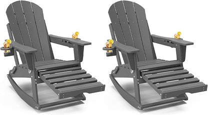 Adirondack Rocking Chairs Set of 2 with Retractable Ottoman, All Weather Folding Adirondack Chair with Two Cup Holders, Adirondack Outdoor Rocking Chairs for Porch, Patio, Balcony. Grey
