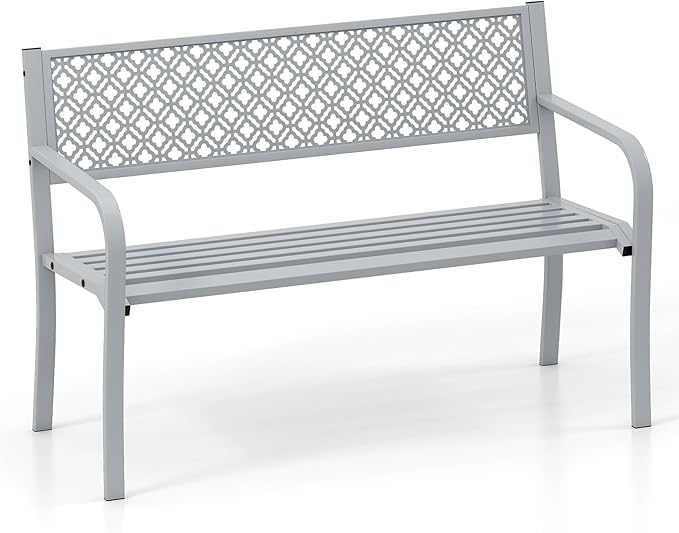 Tangkula 50 Inches Outdoor Garden Bench, Metal Patio Park Bench with Geometric Lattice Backrest, Armrests and Slatted Seat, Outdoor Loveseat Chair for Porch, Lawn and Yard (Grey)
