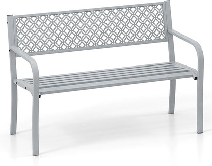 Tangkula 50 Inches Outdoor Garden Bench, Metal Patio Park Bench with Geometric Lattice Backrest, Armrests and Slatted Seat, Outdoor Loveseat Chair for Porch, Lawn and Yard (Grey)