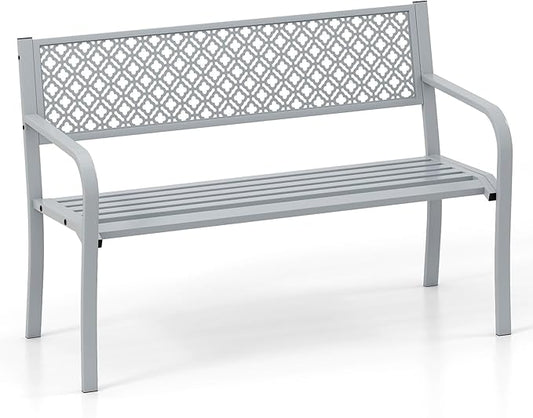 Tangkula 50 Inches Outdoor Garden Bench, Metal Patio Park Bench with Geometric Lattice Backrest, Armrests and Slatted Seat, Outdoor Loveseat Chair for Porch, Lawn and Yard (Grey)