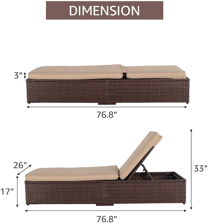 Patiorama Outdoor Patio Chaise Lounge Chair, Elegant Reclining Adjustable Pool Rattan Chaise Lounge Chair with Cushion, Brown PE Wicker, Steel Frame, Beige, Set of 4