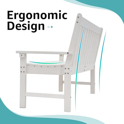 COBANA Outdoor Garden Bench, All Weather HDPE Patio Porch Bench with Faux Wood Grain Pattern, 2-Person Seat for Lawn, Park, Backyard, Entryway, White