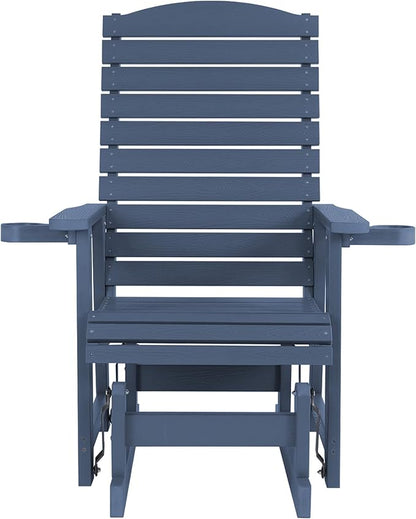 Poly Lumber Patio Glider with Cup Holders, High Backrest and Deep Contoured Seat, HIPS Material, All-Weather Resistant, Heavy Duty 700 Pounds (Navy Blue, 1-Seat)