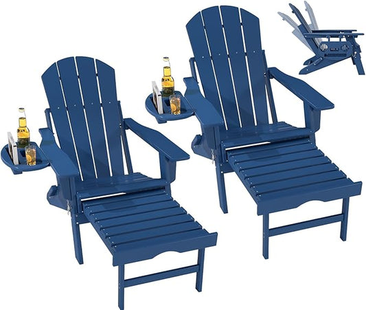 FOOWIN Folding Adjustable Adirondack Chair with Retractable Ottoman Set of 2, HDPE Adirondack Chair w/4 in 1 Cup Holder Trays,All-Weather Resistant Fire Pit Chair for Outdoor Patio Lawn, Navy Blue