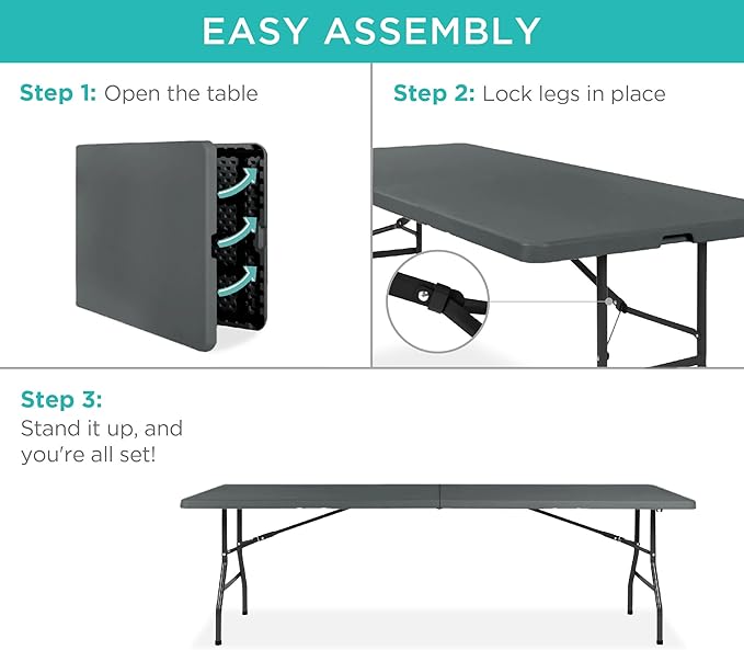 Best Choice Products 8ft Plastic Folding Table, Indoor Outdoor Heavy Duty Portable w/Handle, Lock for Picnic, Party - Photo 7
