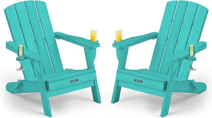 Folding Adirondack Chair Wood Texture 2 Pack, HDPE All-Weather Fire Pit Chairs, Plastic Adirondack Chairs with 2 Cup Holder, Outdoor Lawn Chair for Patio Garden (Lake Blue)