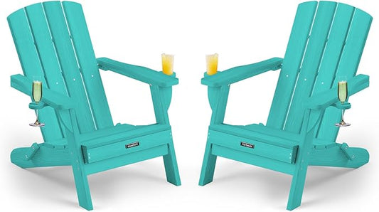 Folding Adirondack Chair Wood Texture 2 Pack, HDPE All-Weather Fire Pit Chairs, Plastic Adirondack Chairs with 2 Cup Holder, Outdoor Lawn Chair for Patio Garden (Lake Blue)