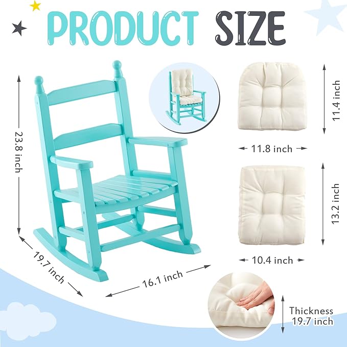Kids Rocking Chair Cushion Pad Set Toddler Rocking Chair Indoor Outdoor Wooden Rocker Child Patio Rocker for Porch Balcony Lawn Indoor Outdoor(Blue,Ages 2-5)