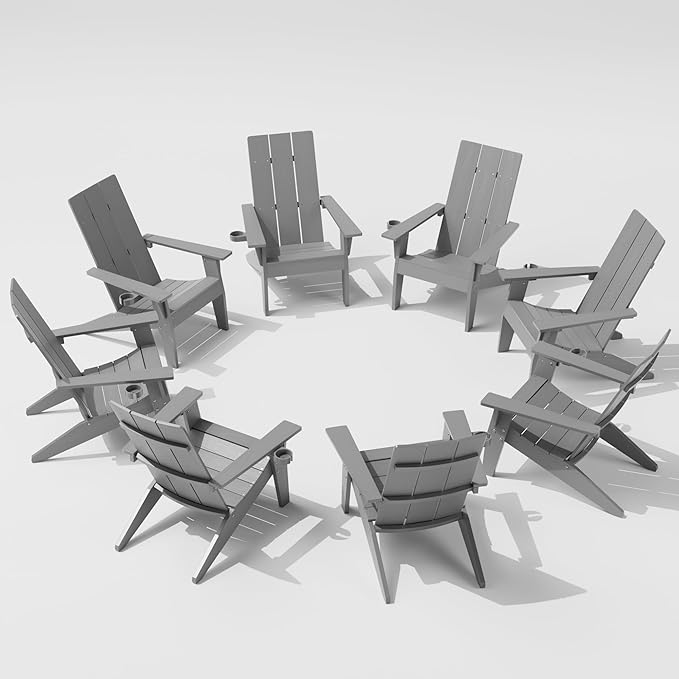 MXIMU Modern Adirondack Chairs Set of 8 Weather Resistant with Cup Holder Oversize Plastic Fire Pit Chairs Plastic Outdoor Chairs for Firepit Area Seating (Grey)