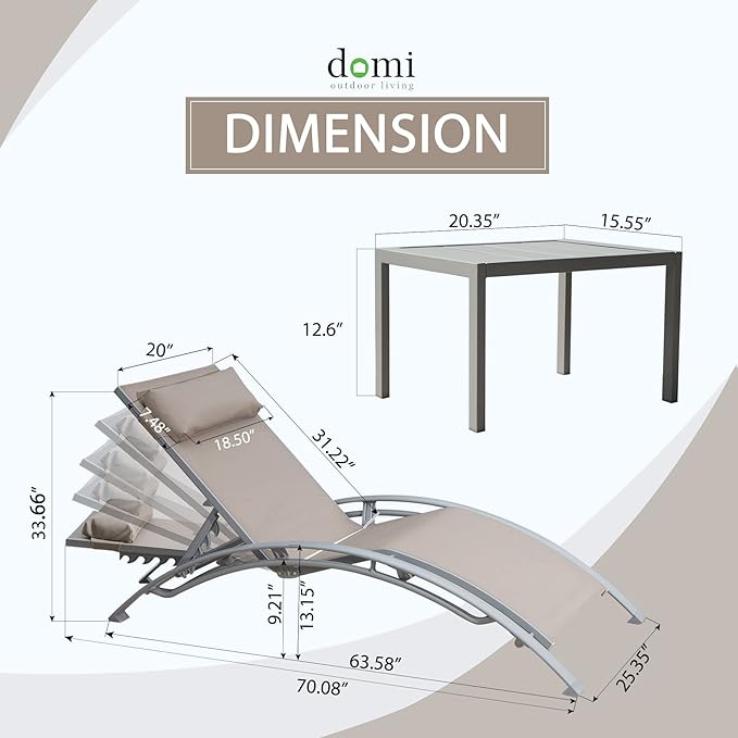 Domi Pool Lounge Chairs Set of 3, Adjustable Aluminum Outdoor Chaise Lounge Chairs with Metal Side Table, All Weather for Deck Lawn Poolside Backyard -Beige Textilene