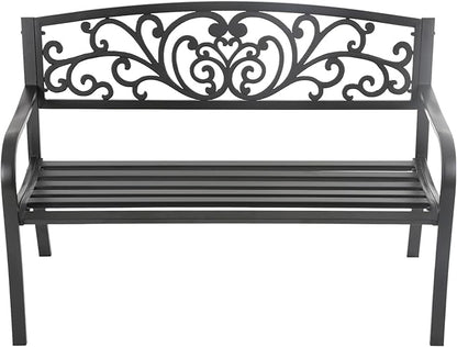 50 Inches Outdoor Garden Bench Cast Iron Metal Frame Patio Park Bench with Floral Pattern Backrest Patio Furniture Chair Outdoor Bench Lawn Yard,Black