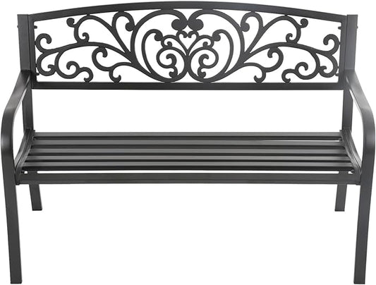 50 Inches Outdoor Garden Bench Cast Iron Metal Frame Patio Park Bench with Floral Pattern Backrest Patio Furniture Chair Outdoor Bench Lawn Yard,Black