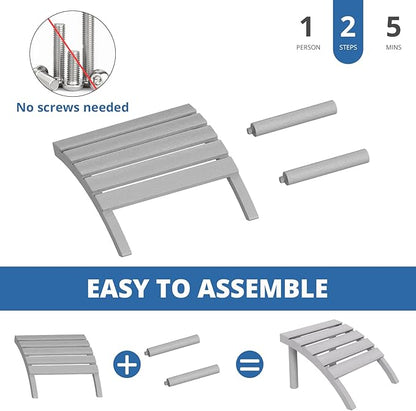 Adirondack Ottoman Tool-Free Assembly, HDPE All Weather Outdoor Foot Rest, Plastic Adirondack Chair Footstool for Patio Deck Backyard Outside(Grey)