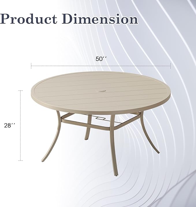Outdoor Dining Table for 6, 50" Round Outdoor Table with Adjustable Umbrella Hole, All-Weather Metal Patio Dining Table for Lawn Garden Backyard Deck, Sandshell