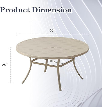 Outdoor Dining Table for 6, 50" Round Outdoor Table with Adjustable Umbrella Hole, All-Weather Metal Patio Dining Table for Lawn Garden Backyard Deck, Sandshell