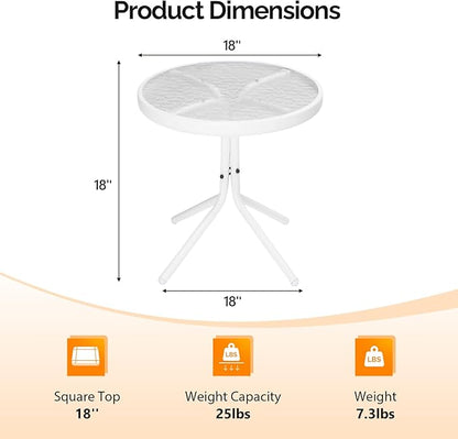 VINGLI Outdoor Side Table, 18" Patio Table Steel Frame Tempered Glass Top, Weatherproof Small Tables for Balcony Garden Poolside (White, Round)