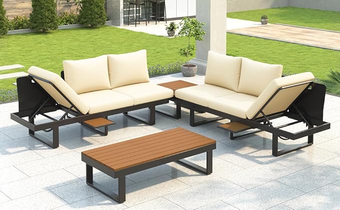 Outdoor Sectional Sofa Set with Adjustable Reclining Seats, L-Shaped or Straight Configurable Patio Conversation Set, Weather-Resistant WPC Tables & Water-Resistant Cushions for Backyard