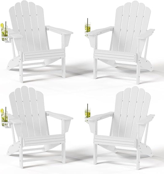 Costaelm Lakeview Outdoor Patio HDPE Adirondack Chairs with Cup Holders (Set of 4), White