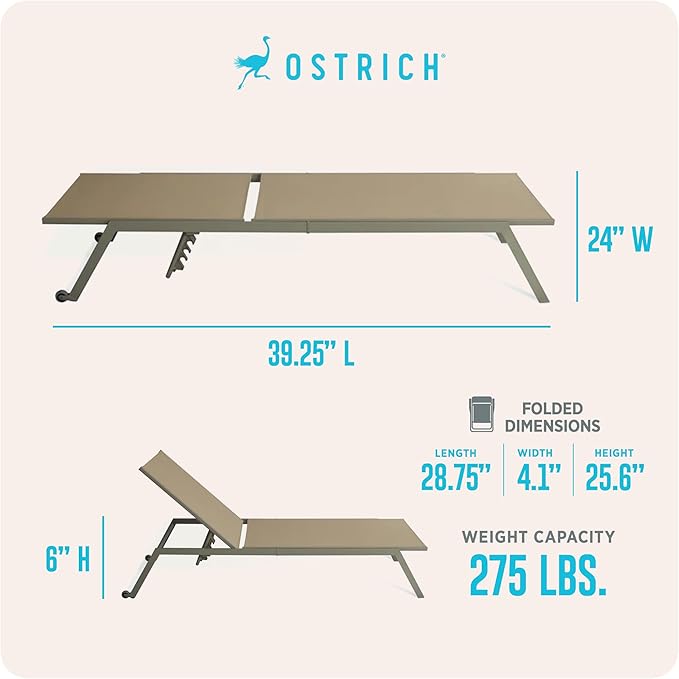 Ostrich Princeton Chaise Lounge Reading Tanning Lawn Chair, Outdoor Furniture for Pool, Beach, Patio, Backyard, and Deck, Tan/Taupe, 2 Pack
