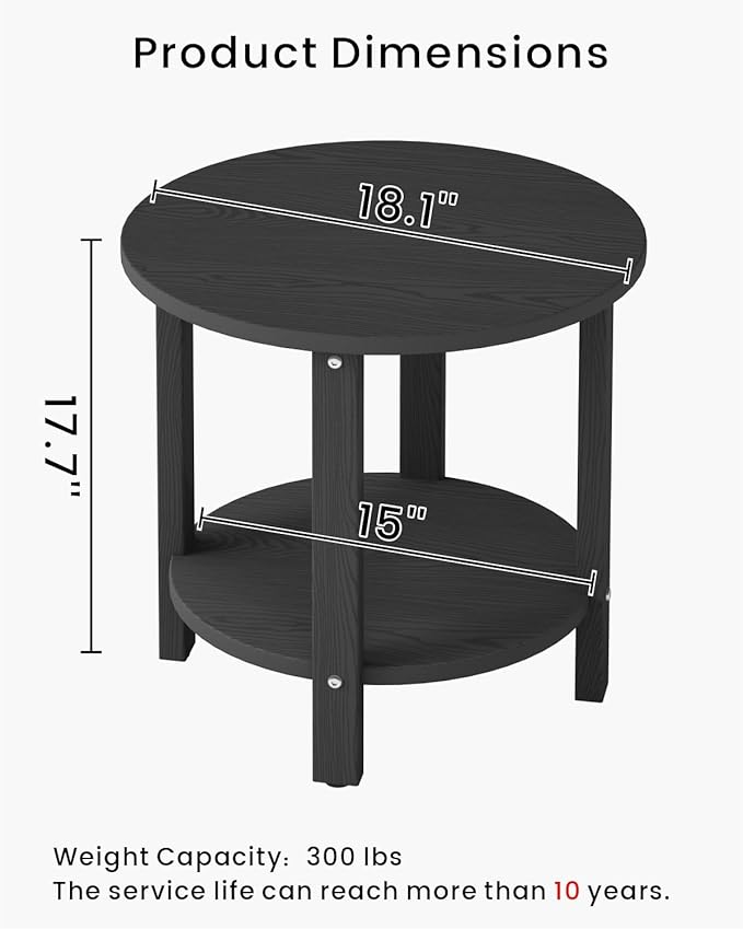 HDPE Outdoor Side Table for Patio, 18.1-Inch Weatherproof Small Outdoor Table for Adirondack, 2-Tier Round End Table for Garden Backyard Porch Deck Balcony Poolside, Black
