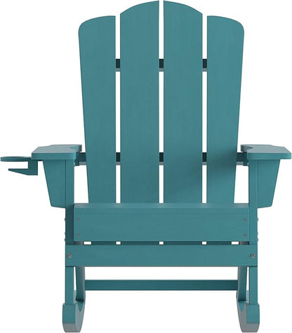 Flash Furniture Newport Adirondack Rocking Chair with Cup Holder, Weather Resistant Poly Resin Adirondack Rocking Chair, Blue
